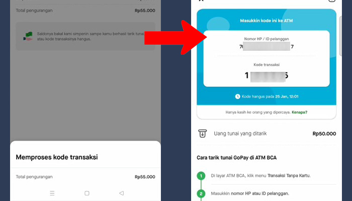 gopay tarik tunai diproses - kode transaksi