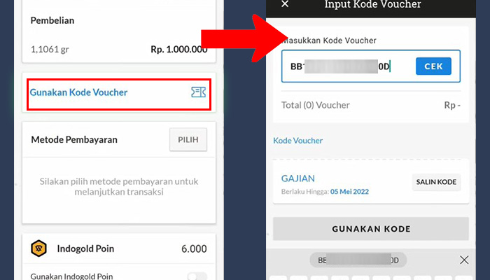 indogold gunakan kode voucher - cek