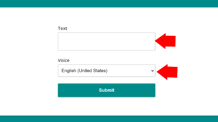kotak teks untuk memasukan pesan yang ingin dibacakan dan voice untuk pilih suara dan bahasa