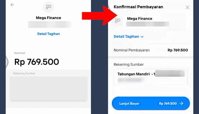 mandiri livin detail tagihan mega finance - konfirmasi pembayaran