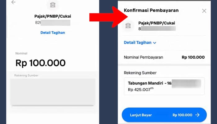 mandiri livin pajak pnbp cukai detail pembayaran - konfirmasi pembayaran