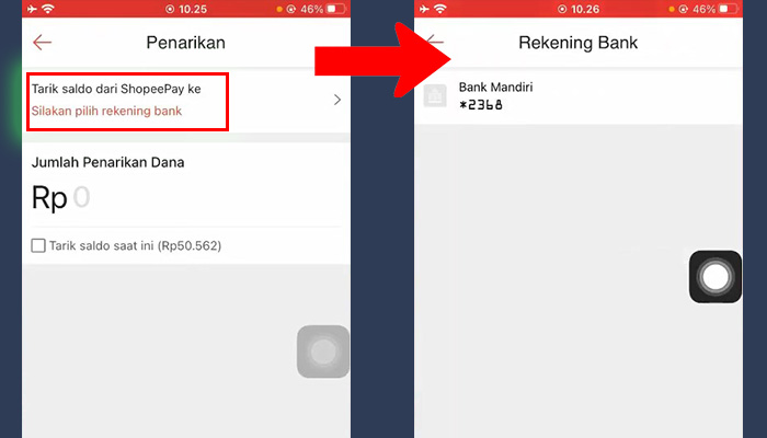 shopeepay silahkan pilih rekening bank - bank mandiri