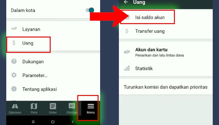 taxsee driver menu - uang - isi saldo akun