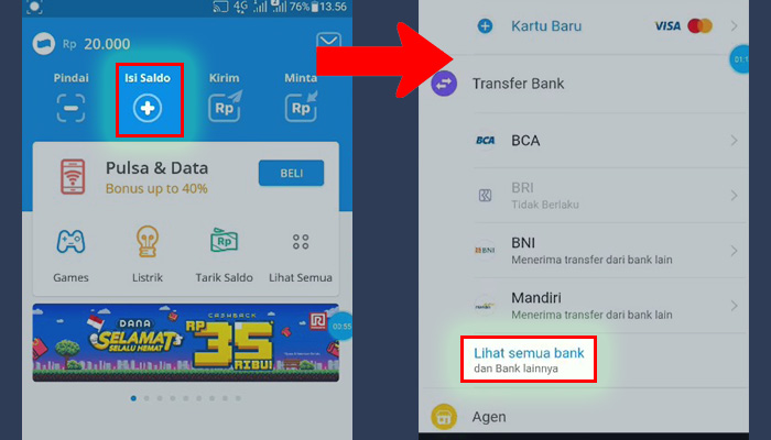 dana isi saldo - lihat semua bank