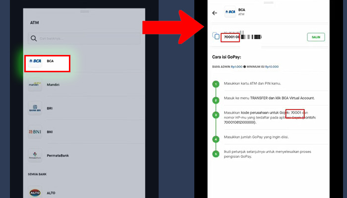 gopay bca - nomor virtual account va