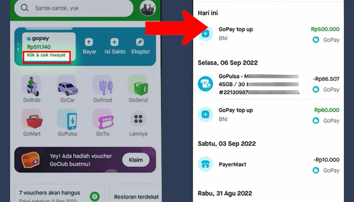 gopay klik dan cek riwayat - transaksi