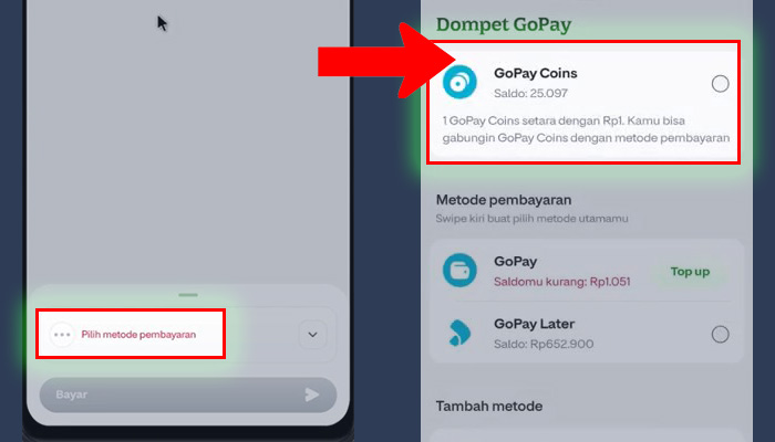 gopay pilih metode pembayaran - gopay coins