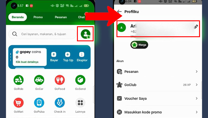 gopay profil - nomor hp