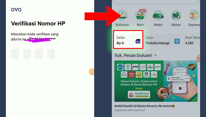 grab aktifkan ovo kode otp - berhasil