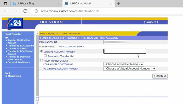 klik bca masukan nomor virtual account