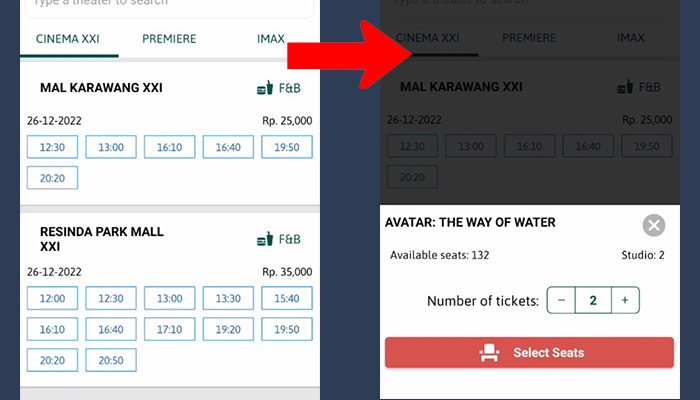 m-tix pilih lokasi dan jam - select seats