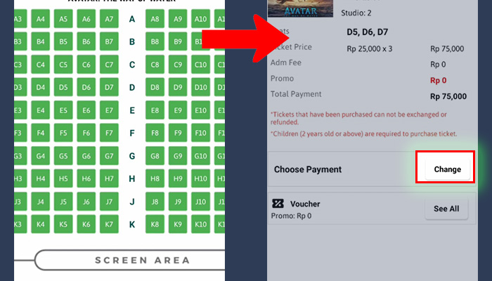 m-tix tempat duduk - choose payment change