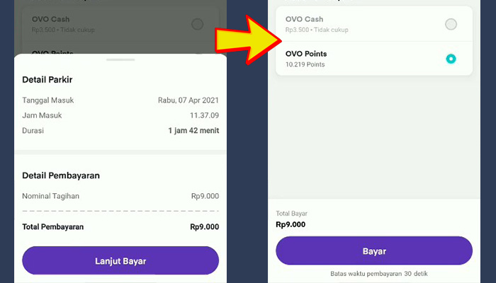 ovo parkir detail pembayaran - konfirmasi pembayaran