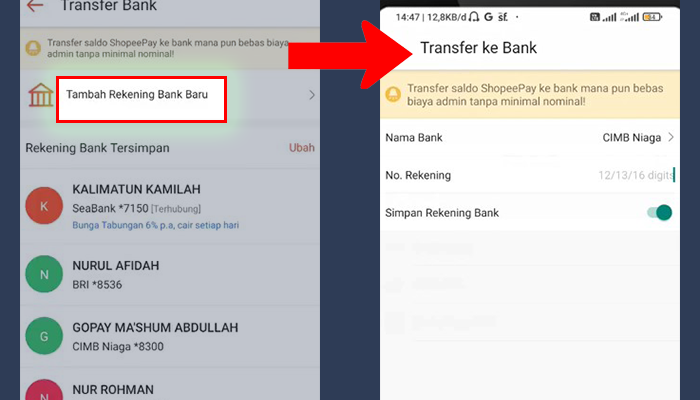 shopeepay tambah rekening bank baru - transfer ke bank