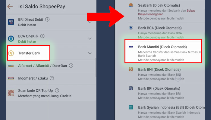 shopeepay transfer bank - bank mandiri
