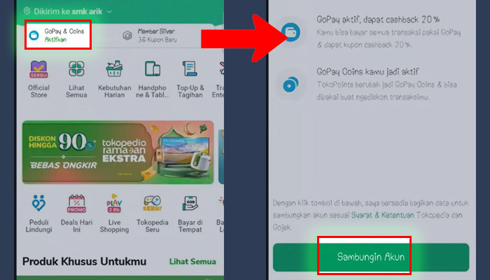 tokopedia gopay dan coins aktifkan - sambungin akun