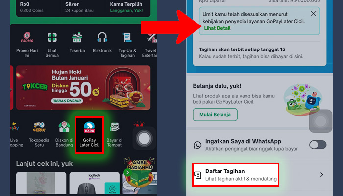 tokopedia gopay later cicil - daftar tagihan