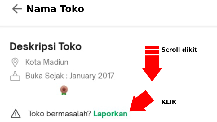 Pada halaman profil toko scroll ke bawah klik laporkan