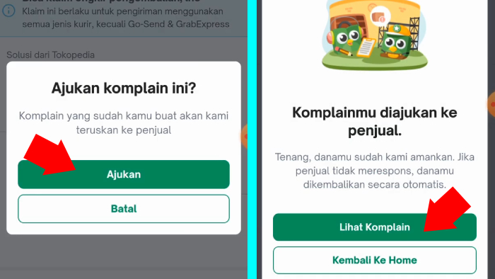 ajukan komplain agar tokopedia meneruskannya ke penjual