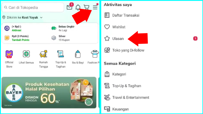 buka tokopedia tap ikon 3 baris garis lihat bagian aktivitas saya tap menu ulasan