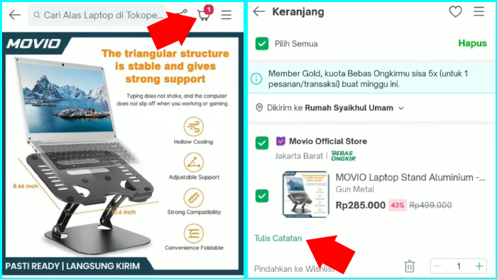 cek keranjang belanjaanmu tambahkan catatan pada barang yang akan kamu bayar