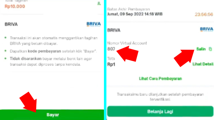 copy nomor virtual account briva untuk top up saldo tokopedia