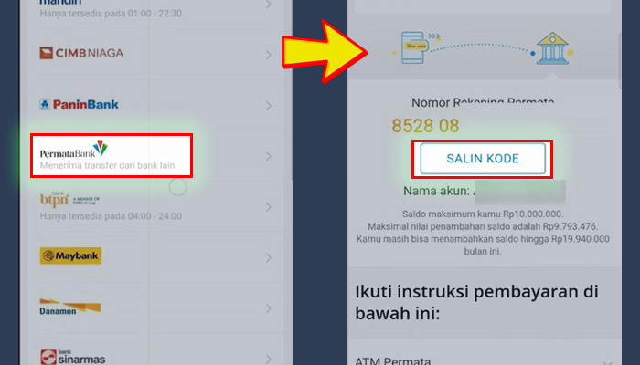 dana permata bank - salin kode nomor rekening va