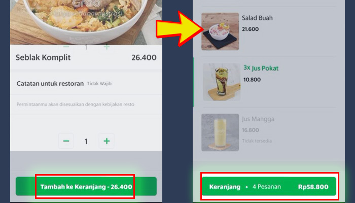 grab food makanan tambah ke keranjang - keranjang