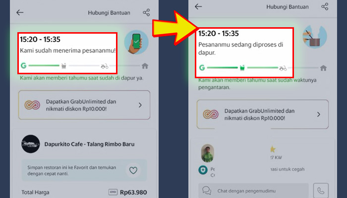 grab kami sudah menerima pesananmu - pesananmu sedang diproses di dapur