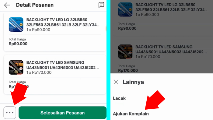 halaman detail pesanan tap 3 icon titik pilih ajukan komplain