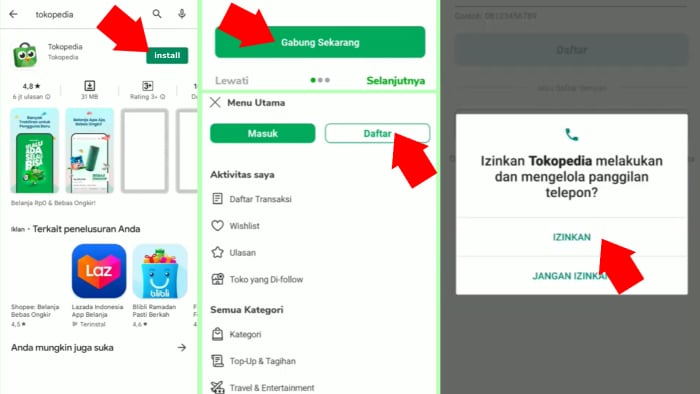 install aplikasi tokopedia dan izinkan panggilan