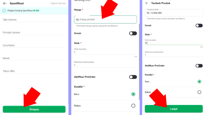 isi spesifikasi lanjut ke harga dan stok barang jualanmu di toped