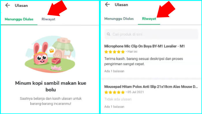 kamu bisa lihat tab riwayat ulasan dalam akun tokopediamu