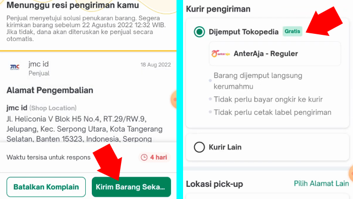 kirim barang balik ke penjual dengan opsi pickup gratis