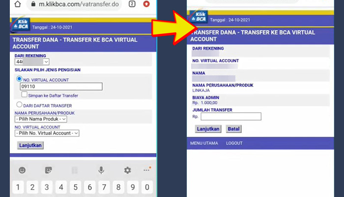 klikbca linkaja virtual account 09110 - jumlah transfer