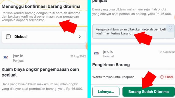 konfirmasi barang sudah diterima untuk menuntaskan proses komplain