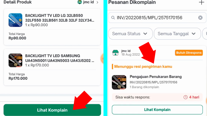 lihat komplain ke tokopedia ngasih status menunggu resi pengiriman kamu