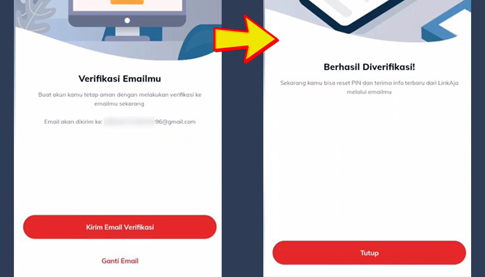 linkaja kirim verifikasi email - berhasil diverifikasi tutup