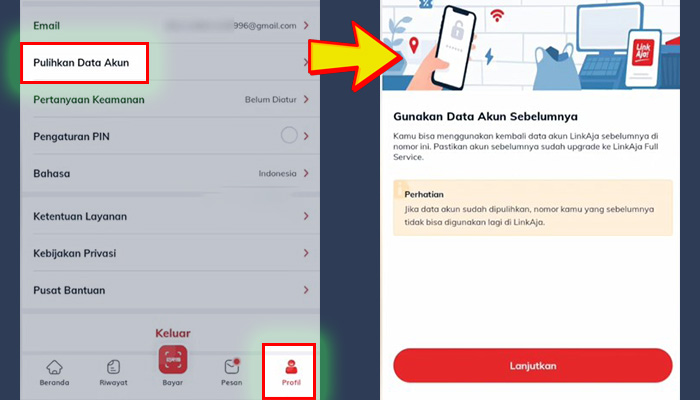linkaja profil pulihkan data akun - gunakan data akun sebelumnya lanjutkan