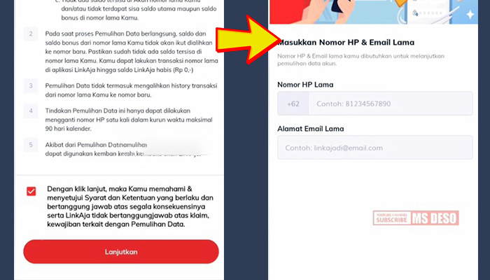 linkaja pulihkan data akun syarat dan ketentuan - masukan nomor hp dan email lama