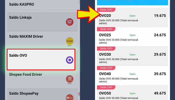 moopay saldo ovo - pilih produk nominal saldo