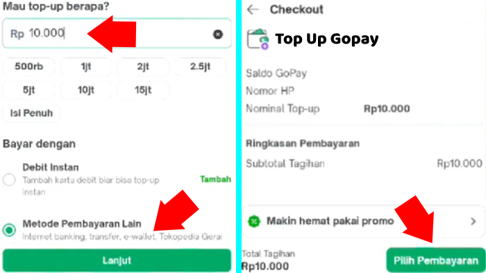 nilai top up dan checkout pilih pembayaran tokopedia