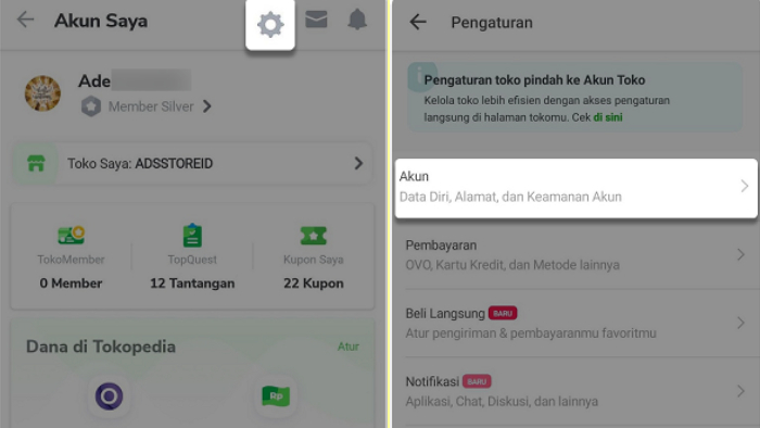 opsi akun data diri dan alamat pada toped