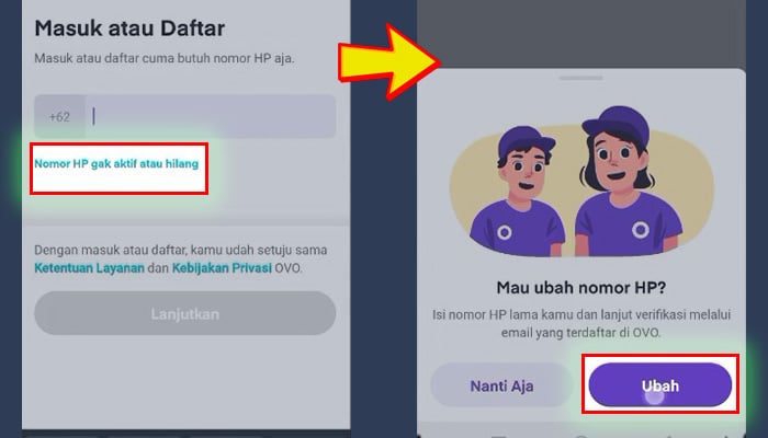 ovo nomor hp gak aktif atau hilang - ubah