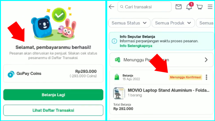 pembayaran berhasil status menunggu konfirmasi