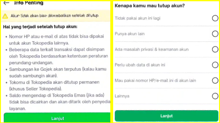 peringatan dan survey penutupan akun tokopedia