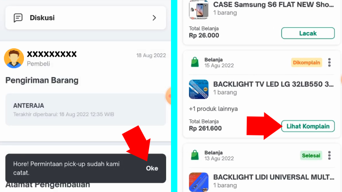 permintaan pick up terkirim setelah beberapa waktu lihat lagi komplain pada menu transaksi tokopedia
