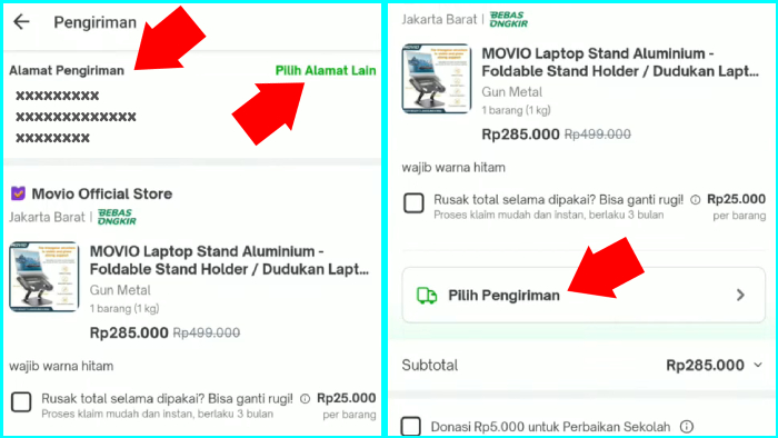 pilih alamat dan kurir untuk mengirim barang ke alamat tujuan