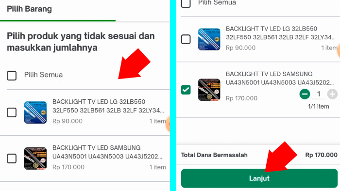 pilih barang yang bermasalah tap tombol lanjut untuk komplain