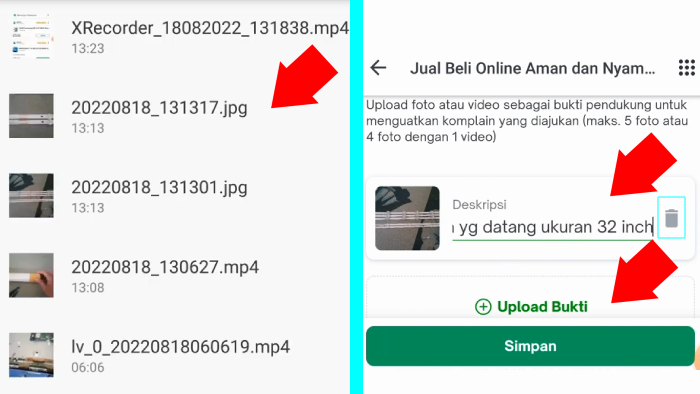 pilih file bukti berikan deskripsi untuk memperkuat bukti komplain ke tokopedia